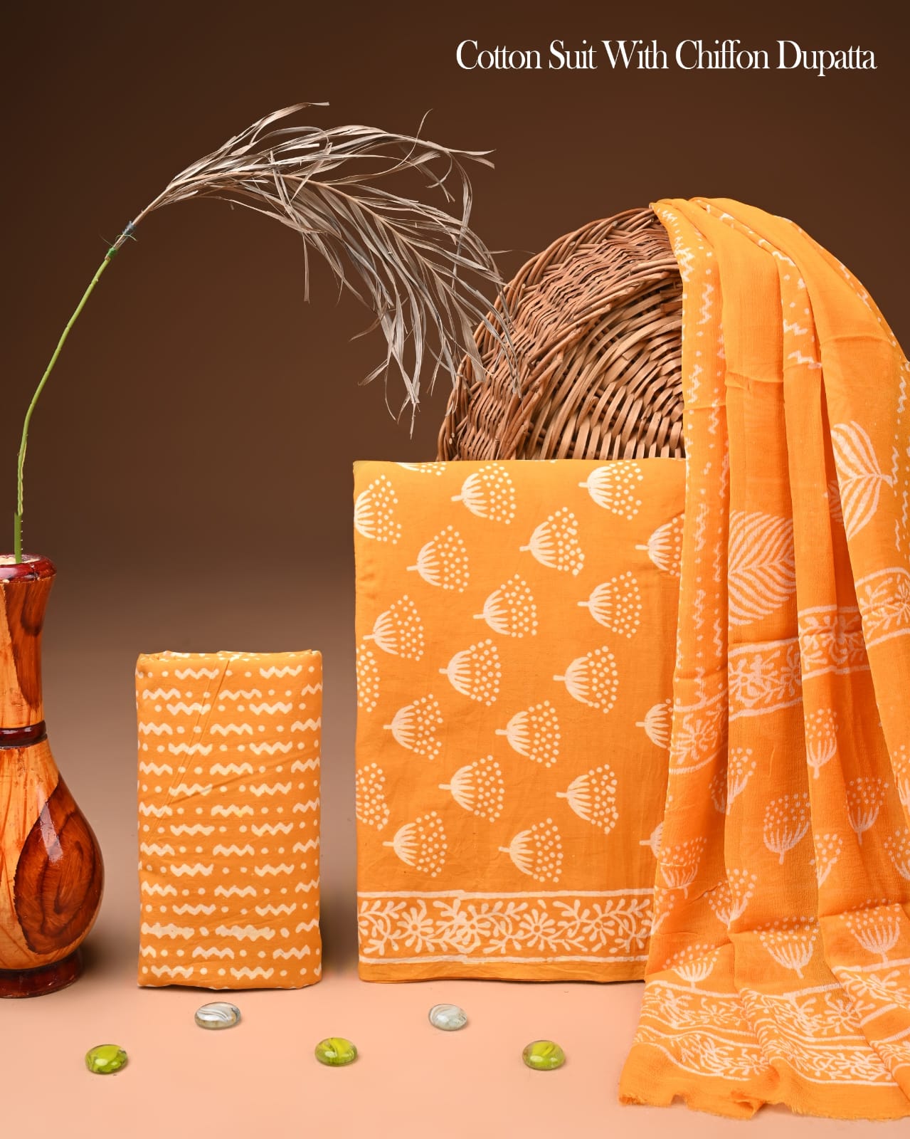 New Premium Hand Block Print Cotton Suit Set with Chiffon Dupatta(WACFCOTMU25)