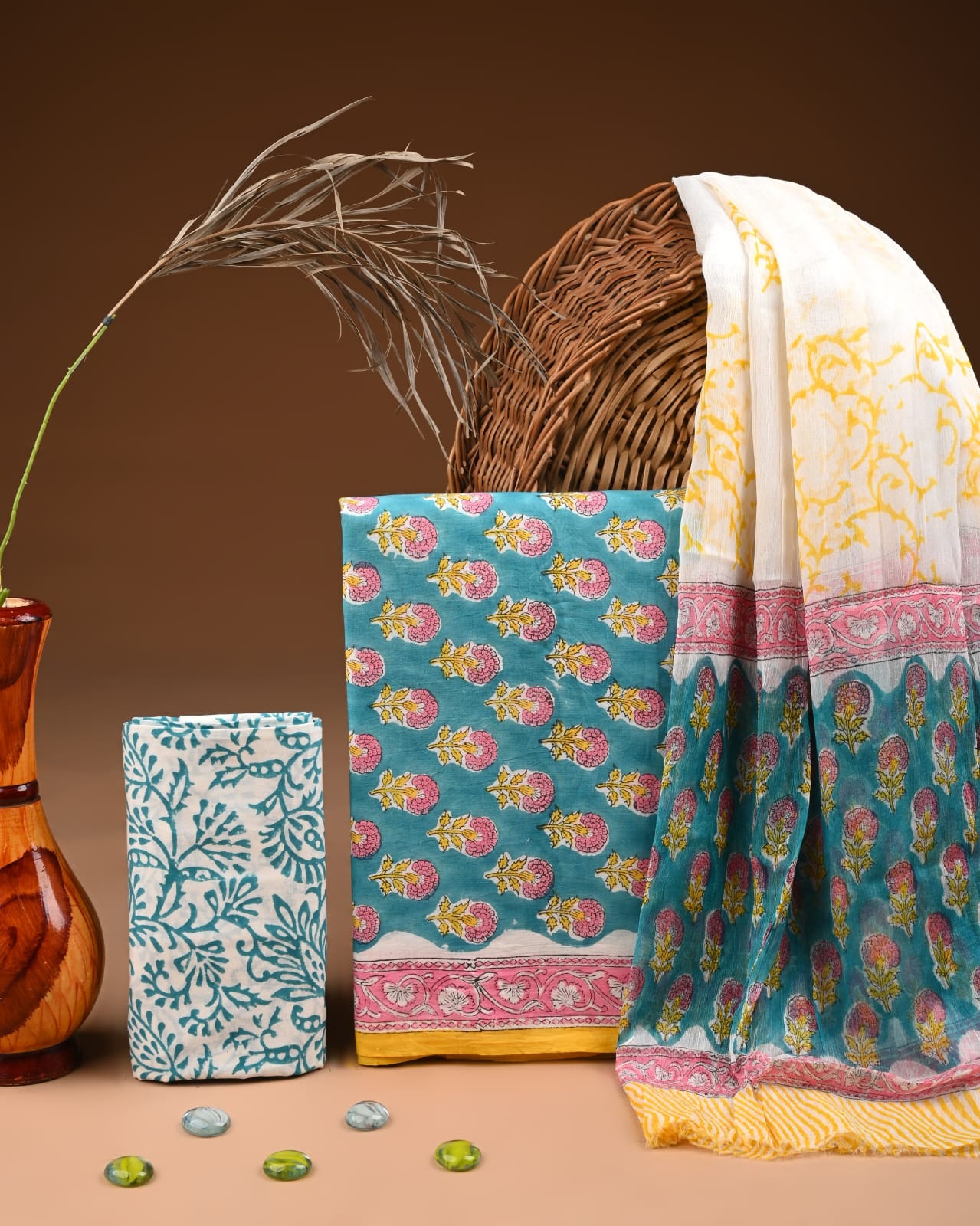 New Premium Hand Block Print Cotton Suit Set with Chiffon Dupatta(WACFCOTMU26)