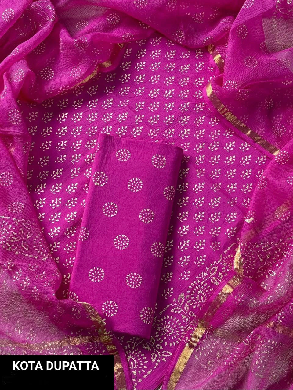 DESIGNER HAND BLOCK PRINT COTTON SUIT SET WITH KOTA DORIA DUPATTA (WAKOTMU56)