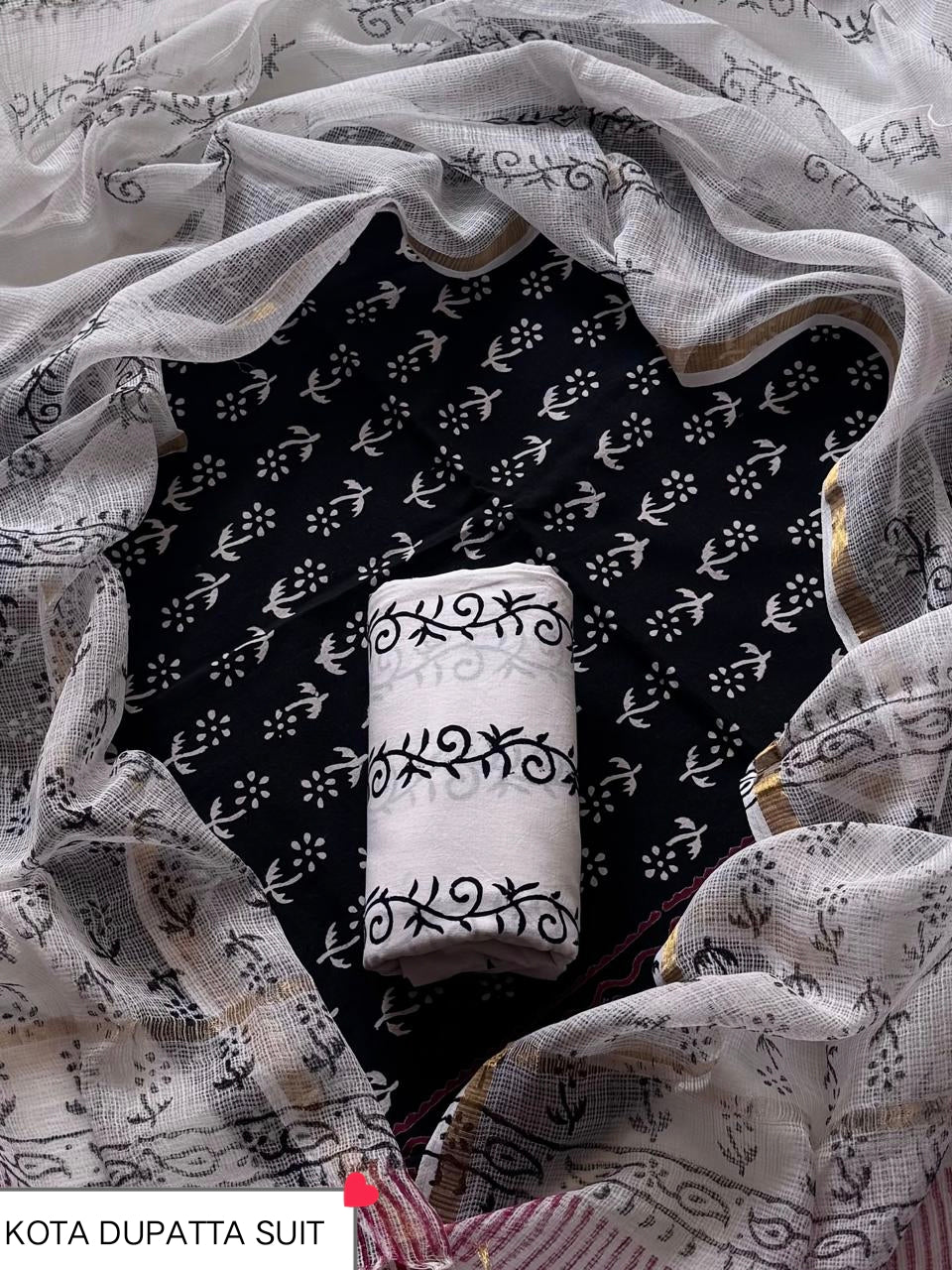 DESIGNER HAND BLOCK PRINT COTTON SUIT SET WITH KOTA DORIA DUPATTA (WAKOTMU59)