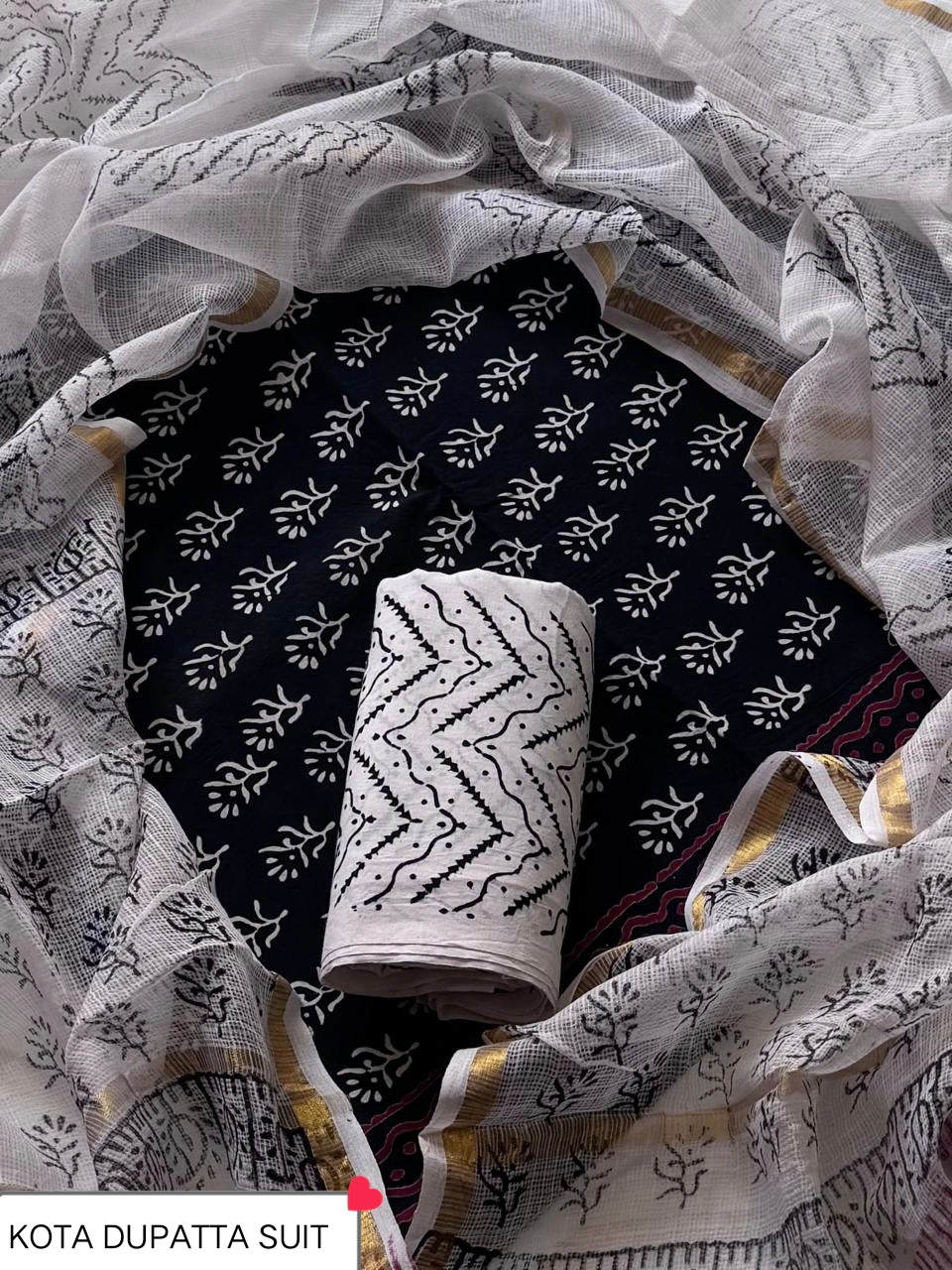DESIGNER HAND BLOCK PRINT COTTON SUIT SET WITH KOTA DORIA DUPATTA (WAKOTMU50)
