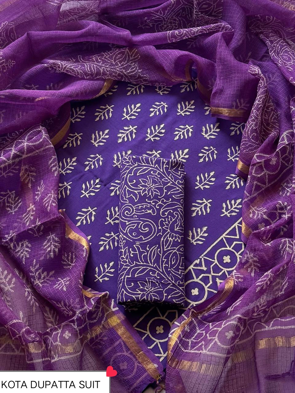 DESIGNER HAND BLOCK PRINT COTTON SUIT SET WITH KOTA DORIA DUPATTA (WAKOTMU43)