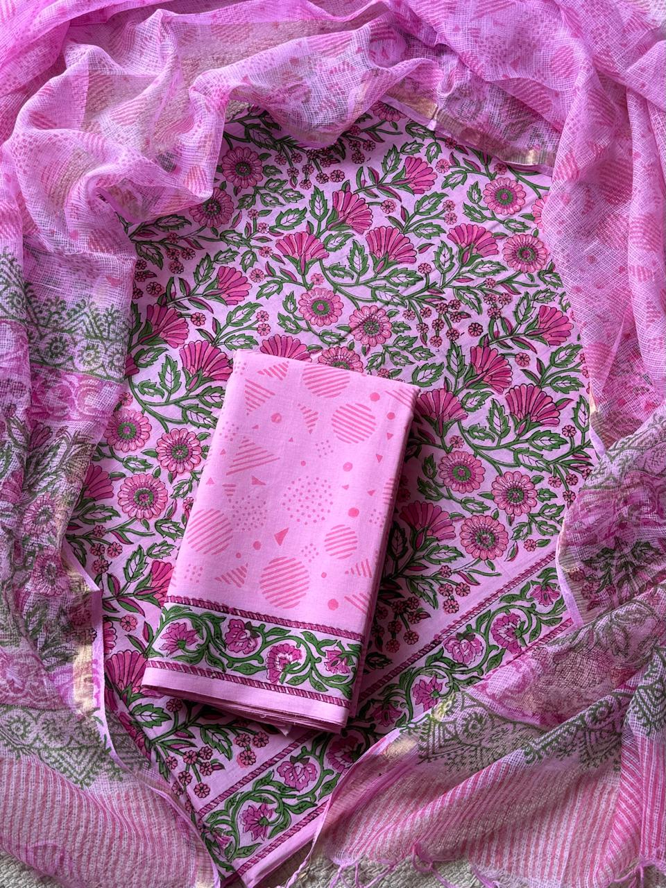 DESIGNER HAND BLOCK PRINT COTTON SUIT SET WITH KOTA DORIA DUPATTA (WAKOTMU42)