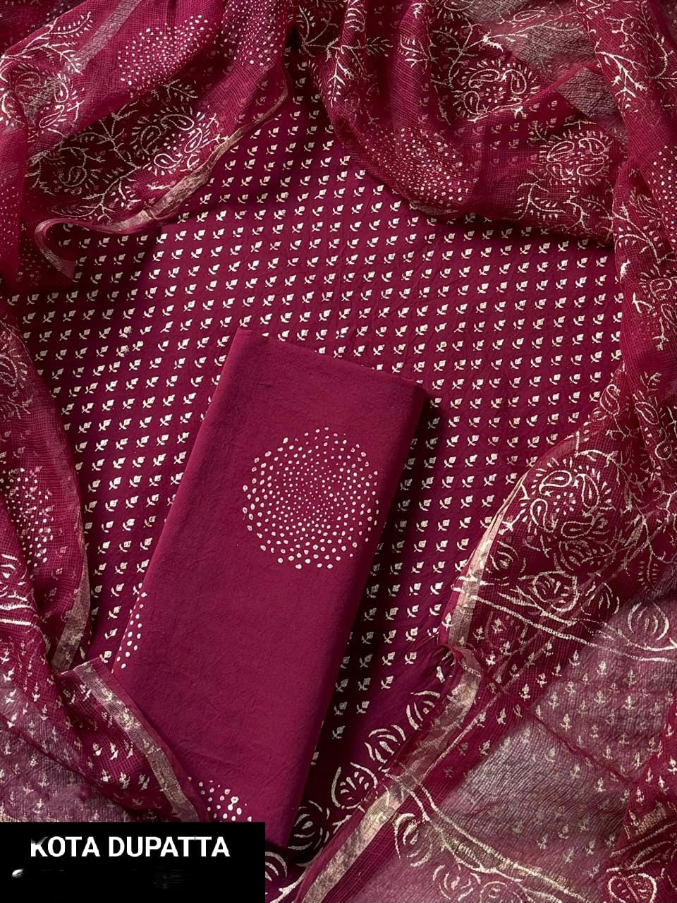 DESIGNER HAND BLOCK PRINT COTTON SUIT SET WITH KOTA DORIA DUPATTA (WAKOTMU16)