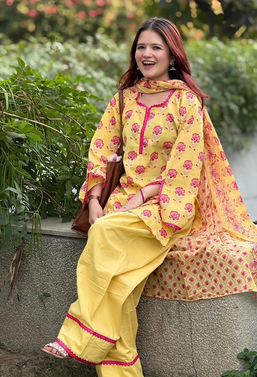 Women's Yellow Floral Printed Cotton Kurta Set with Patiala Pant & Dupatta (RD73)