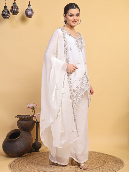 Women's White Floral Embroidered Organza Kurta Pant Set with Embroidered Dupatta (RRRD54)