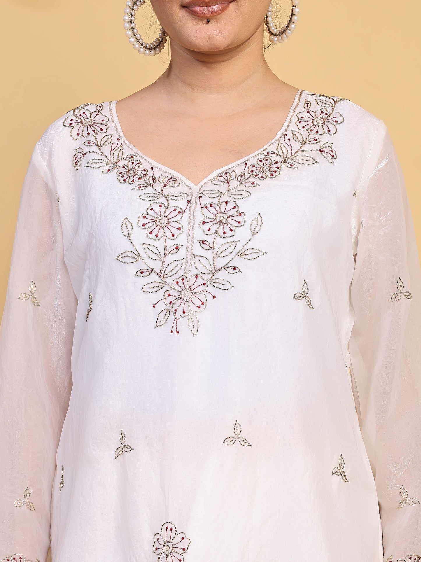 Women's White Floral Embroidered Organza Kurta Pant Set with Embroidered Dupatta (RRRD54)