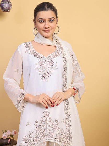 Women's White Floral Embroidered Organza Kurta Pant Set with Embroidered Dupatta (RRRD54)
