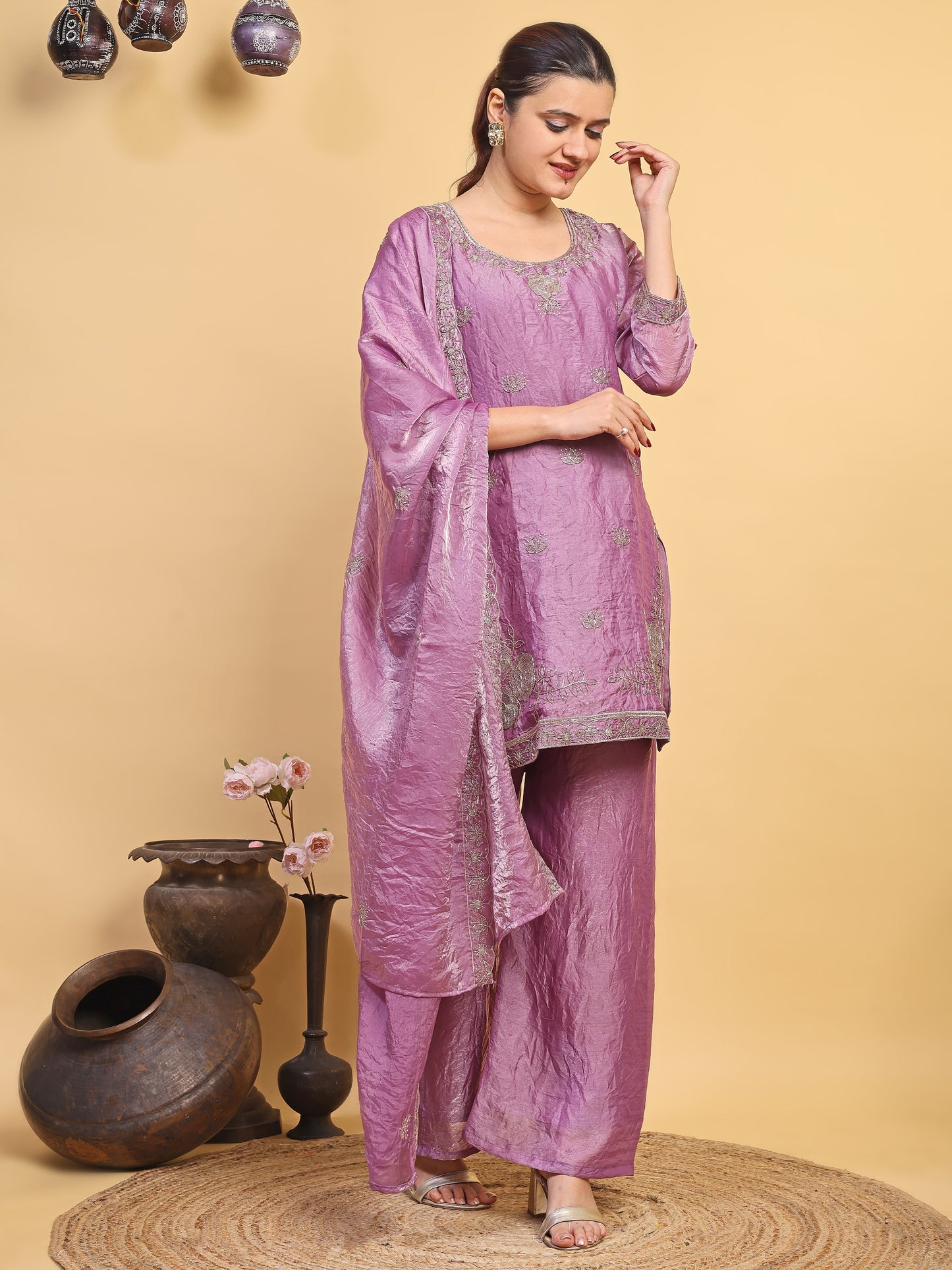 Women's Lavender Embroidered Kurta Pant Set with Matching Dupatta (RRRD56)