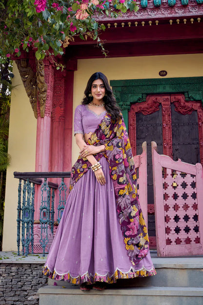 VICHITRA SILK THREAD EMBROIDERED AND KALAMKARI PRINTED LEHENGA CHOLI WITH DUPATTA(WD76) (02)