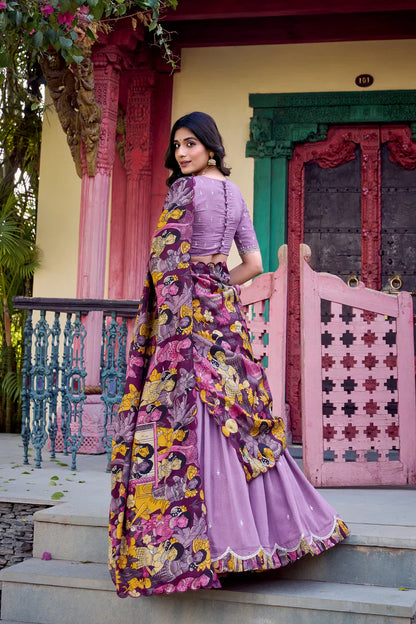 VICHITRA SILK THREAD EMBROIDERED AND KALAMKARI PRINTED LEHENGA CHOLI WITH DUPATTA(WD76) (02)