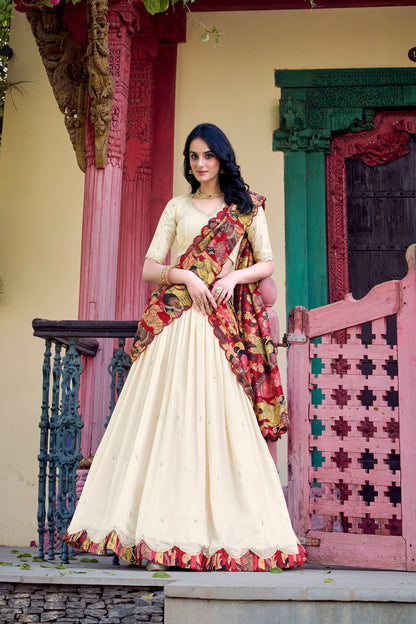 VICHITRA SILK THREAD EMBROIDERED AND KALAMKARI PRINTED LEHENGA CHOLI WITH DUPATTA (WDN89) 01