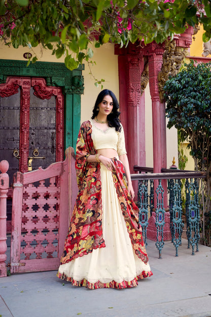 VICHITRA SILK THREAD EMBROIDERED AND KALAMKARI PRINTED LEHENGA CHOLI WITH DUPATTA (WDN89) 01