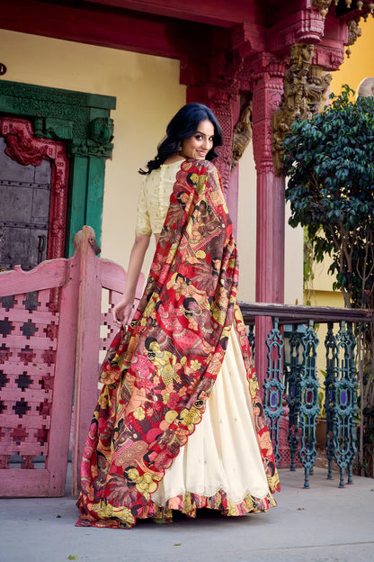 VICHITRA SILK THREAD EMBROIDERED AND KALAMKARI PRINTED LEHENGA CHOLI WITH DUPATTA(WD76) (01)
