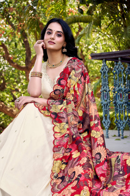 VICHITRA SILK THREAD EMBROIDERED AND KALAMKARI PRINTED LEHENGA CHOLI WITH DUPATTA (WDN89) 01