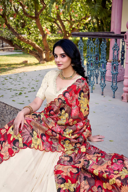 VICHITRA SILK THREAD EMBROIDERED AND KALAMKARI PRINTED LEHENGA CHOLI WITH DUPATTA (WDN89) 01