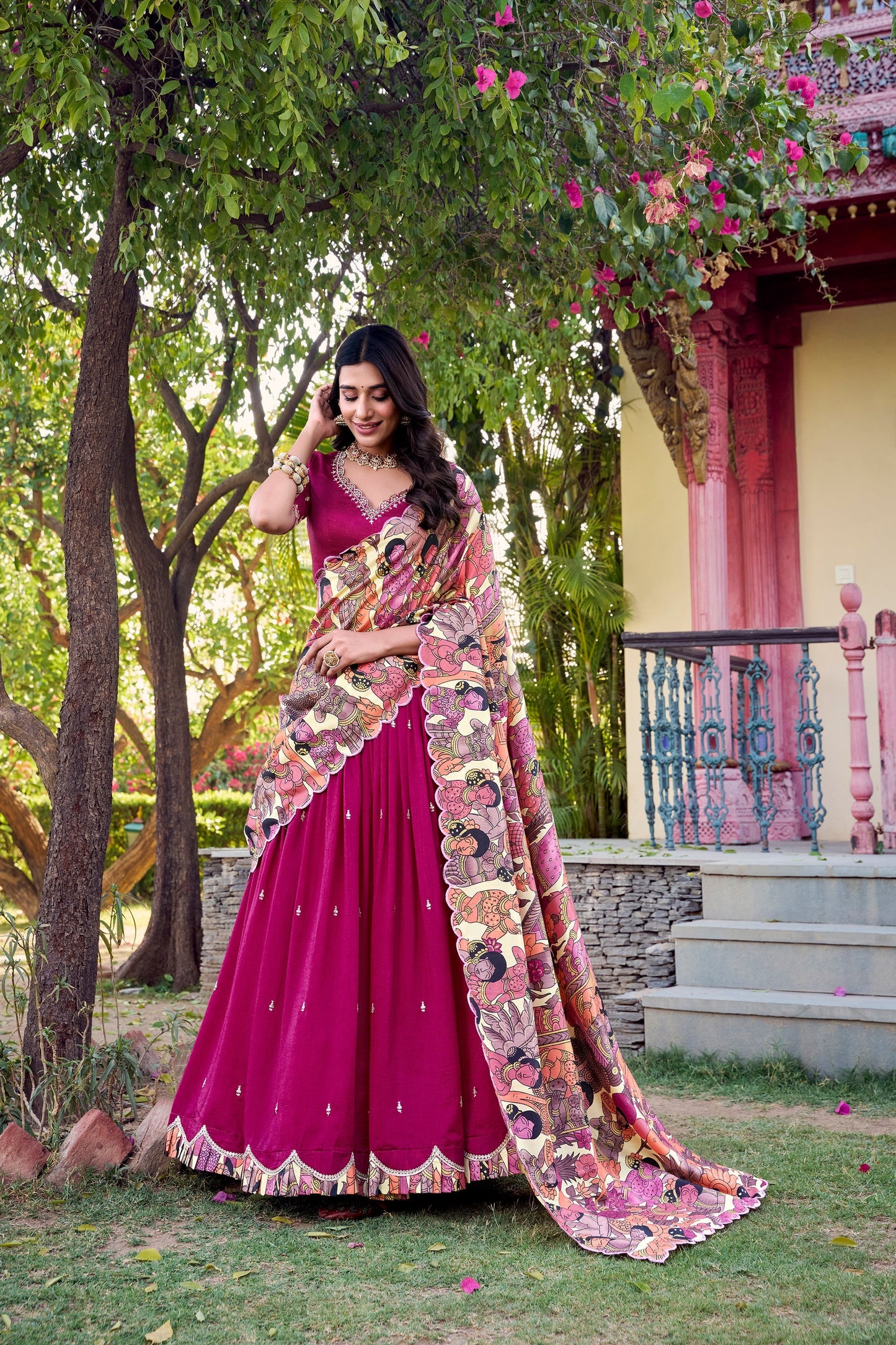 VICHITRA SILK THREAD EMBROIDERED AND KALAMKARI PRINTED LEHENGA CHOLI WITH DUPATTA (WDN89)