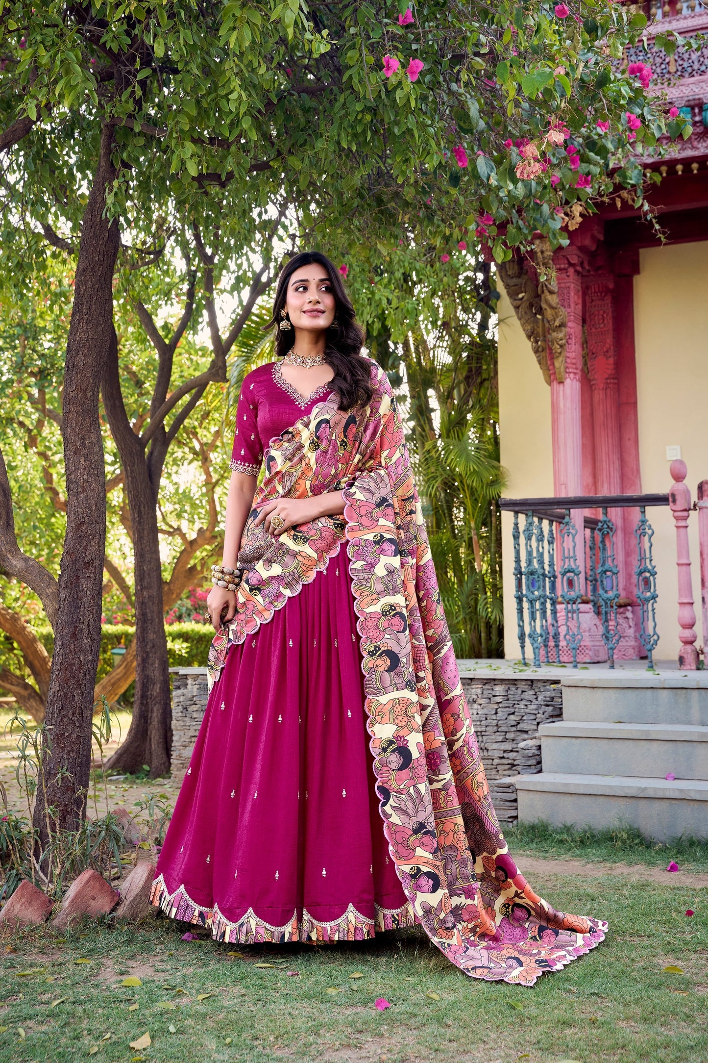 VICHITRA SILK THREAD EMBROIDERED AND KALAMKARI PRINTED LEHENGA CHOLI WITH DUPATTA (WDN89)