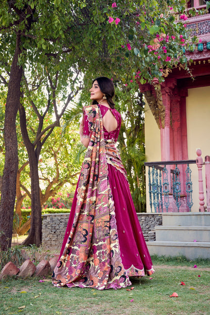VICHITRA SILK THREAD EMBROIDERED AND KALAMKARI PRINTED LEHENGA CHOLI WITH DUPATTA (WDN89)