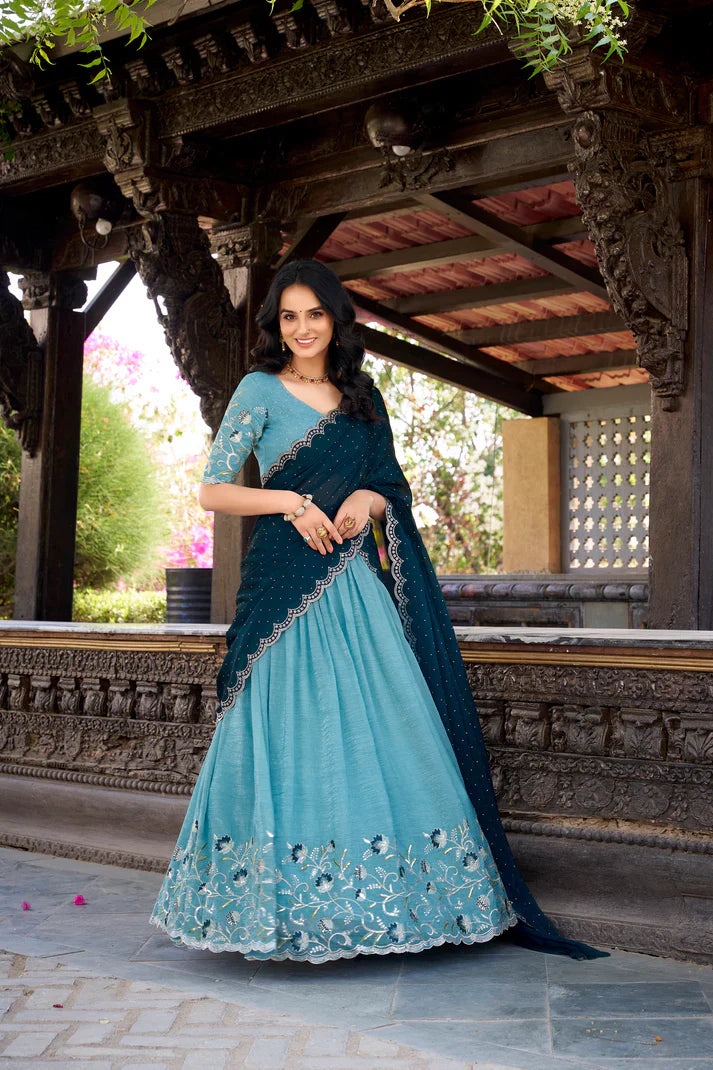 SILVER GLOSY EMBROIDERED WITH HOTFIX LEHENGA CHOLI WITH DUPATTA(WD89)(02)