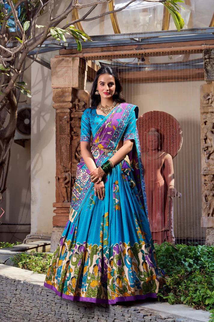KALAMKARI TUSSAR SILK LEHENGA CHOLI WITH DUPATTA(WD100) (03)