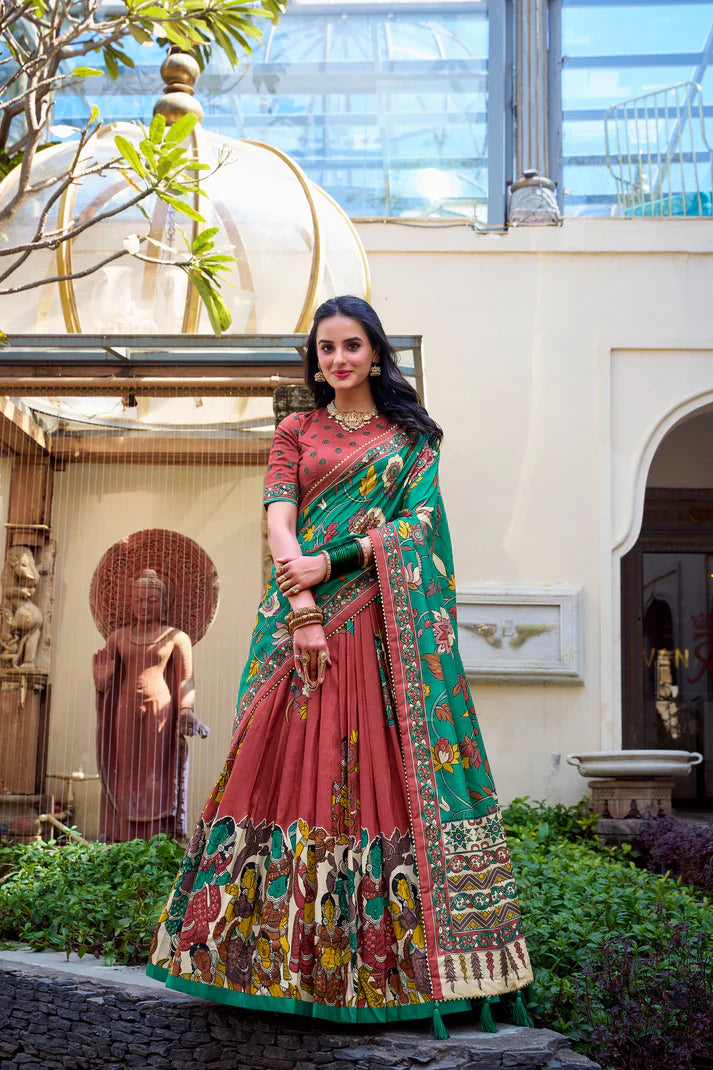 KALAMKARI TUSSAR SILK LEHENGA CHOLI WITH DUPATTA(WD100) (01)