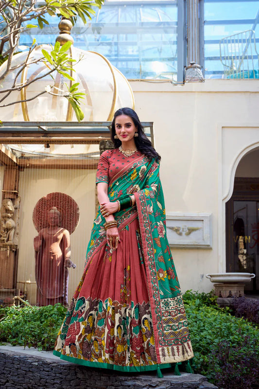 KALAMKARI TUSSAR SILK LEHENGA CHOLI WITH DUPATTA(WD100) (01)