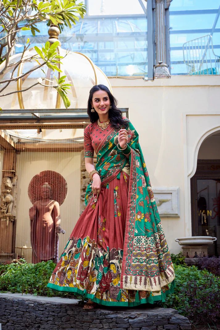 KALAMKARI TUSSAR SILK LEHENGA CHOLI WITH DUPATTA(WD100) (01)