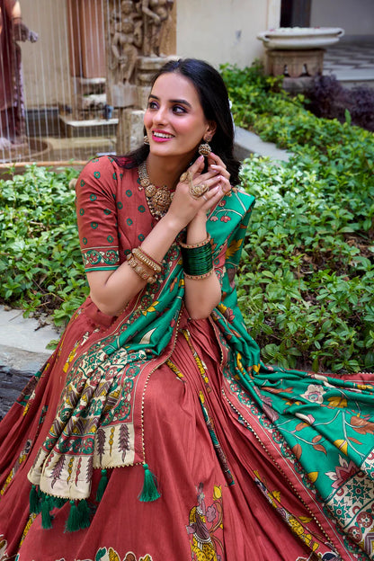 KALAMKARI TUSSAR SILK LEHENGA CHOLI WITH DUPATTA(WD100) (01)