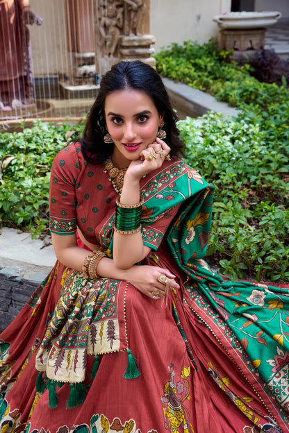 KALAMKARI TUSSAR SILK LEHENGA CHOLI WITH DUPATTA(WD100) (01)