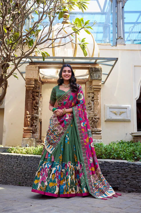 KALAMKARI TUSSAR SILK LEHENGA CHOLI WITH DUPATTA(WD100)