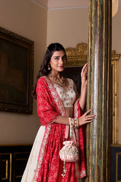 VICHITRA SILK EMBROIDERED LEHENGA CHOLI WITH BADHEJ PRINT DUPATTA(WD74)