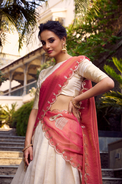 TILTON JEQUARD CHEX ZARI WEAVING WORK LEHENGA CHOLI WITH DUPATTA