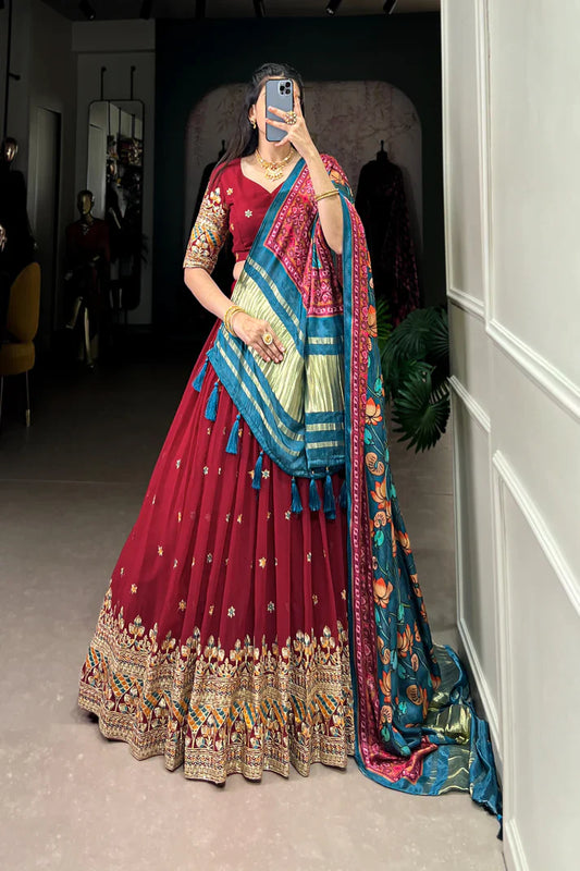 PREMIUM GEORGETTE WITH SEQUANCE AND THREAD EMBROIDERED WORK LEHENGA CHOLI WITH PURE GAJI SILK DUPATTA(WD104) (01)