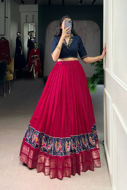 POLY COTTON PRINTED ZARI WEAVING LEHENGA WITH PURE COTTON HAND WORK BLOUSE (WDN85)