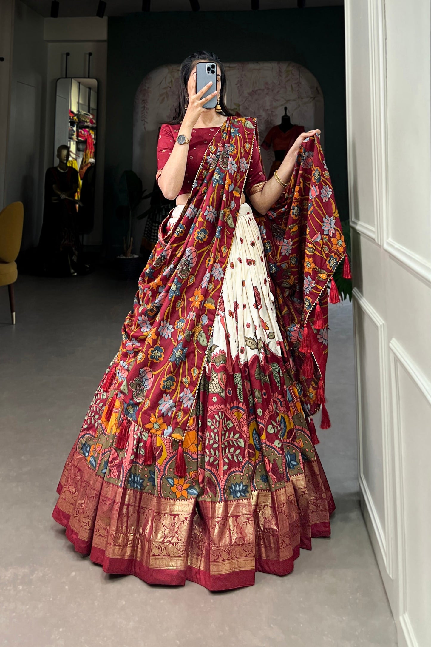 FESTIVAL SPECIAL TUSSAR SILK KALAMKARI PRINT LEHENGA CHOLI (WDN110)
