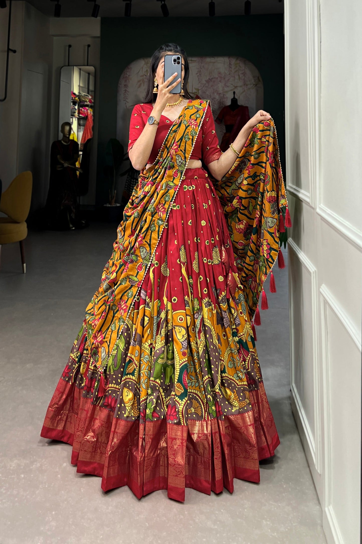 FESTIVAL SPECIAL TUSSAR SILK KALAMKARI PRINT LEHENGA CHOLI (WDN110) 03