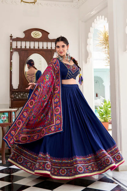NAVRATRI SPECIAL TUSSAR SILK GAMTHI PRINT LEHENGA CHOLI WITH DUPATTA(WD190) (01)