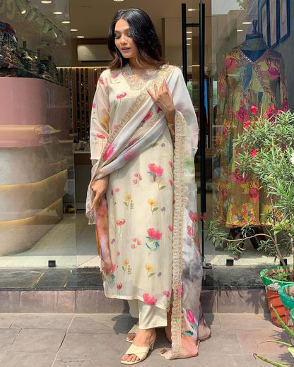 Elegant Ivory Floral Suit with Golden Lace Dupatta ✨ (KY01)