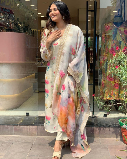 Elegant Ivory Floral Suit with Golden Lace Dupatta ✨ (KY01)
