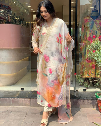 Elegant Ivory Floral Suit with Golden Lace Dupatta ✨ (KY01)