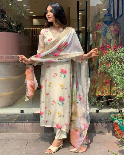 Elegant Ivory Floral Suit with Golden Lace Dupatta ✨ (KY01)