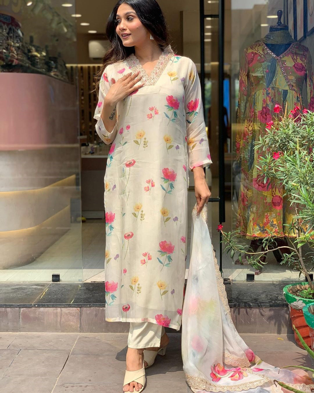 Elegant Ivory Floral Suit with Golden Lace Dupatta ✨ (KY01)