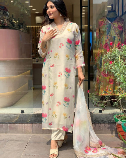 Elegant Ivory Floral Suit with Golden Lace Dupatta ✨ (KY01)