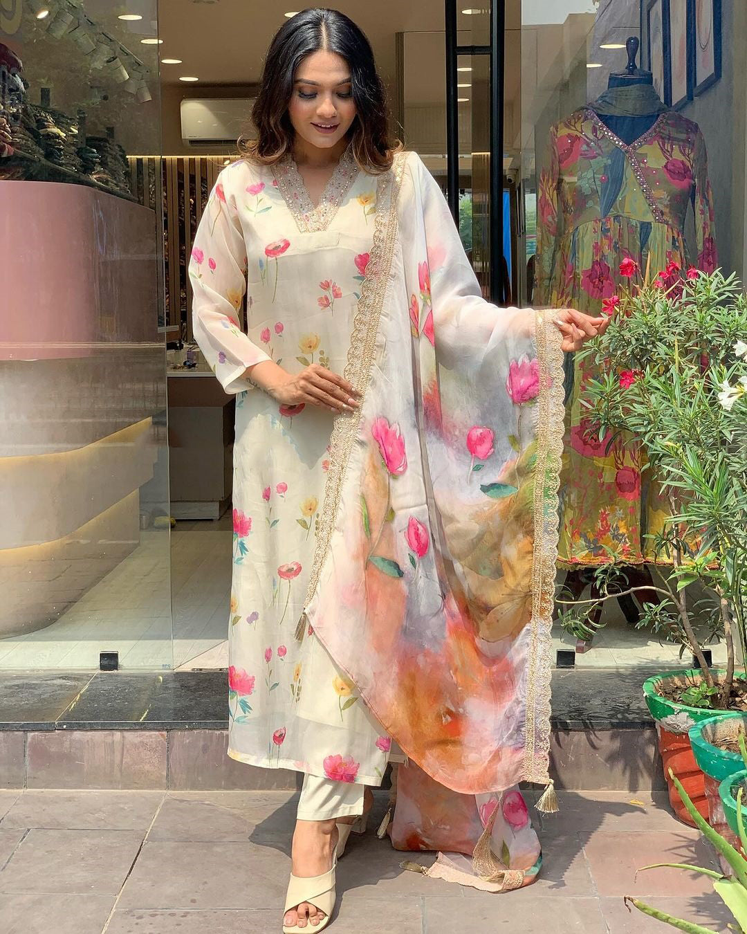 Elegant Ivory Floral Suit with Golden Lace Dupatta ✨ (KY01)