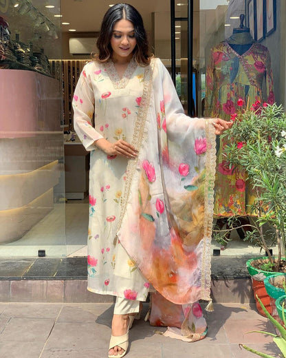 Elegant Ivory Floral Suit with Golden Lace Dupatta ✨ (KY01)
