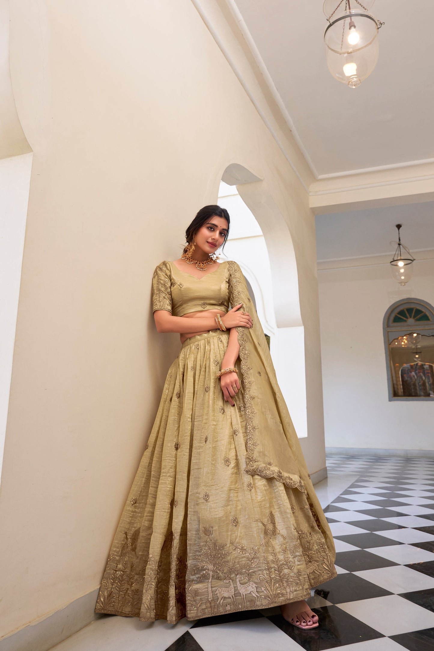 GOLD CRUSH EMBROIDERED LEHENGA CHOLI WITH DUPATTA (WDN80)