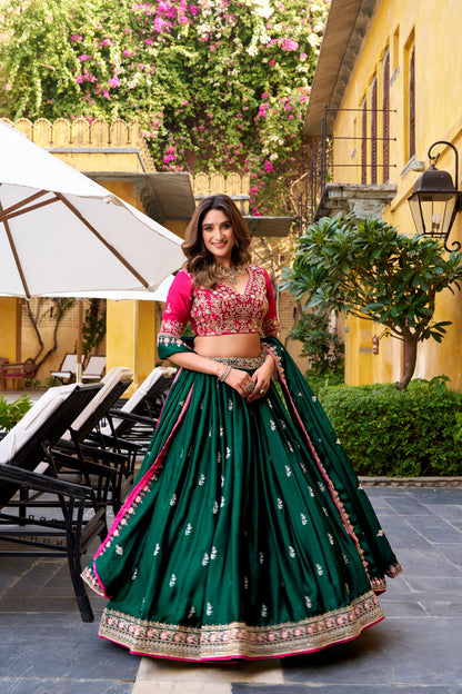 TILTON WEDDING SPECIAL SATIN SILK SEQUINS AND THREAD EMBROIDERED LEHENGA CHOLI WITH DUPATTA