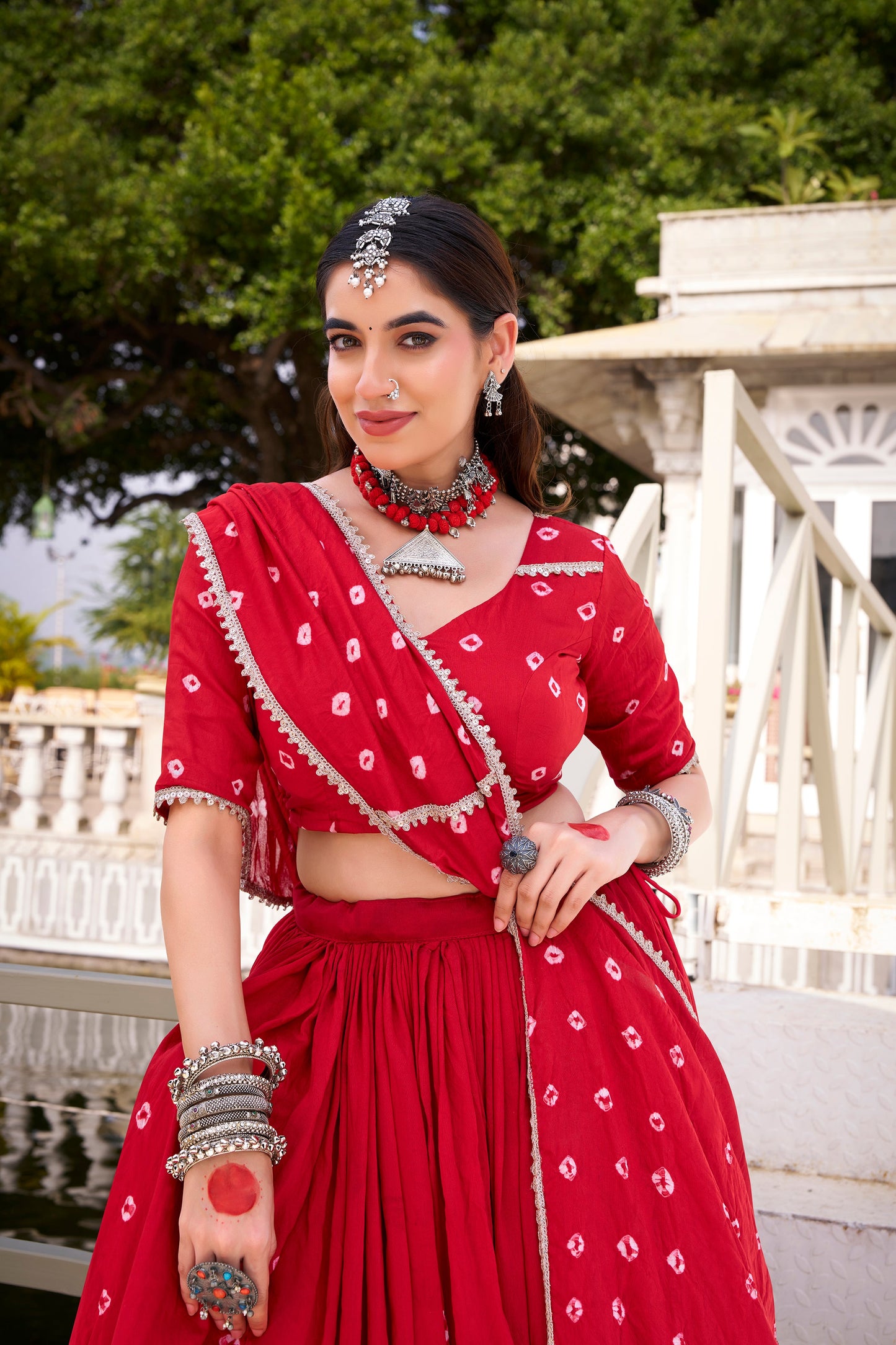 TILTON PURE CHANDERI BHANDHEJ PRINT LEHENGA CHOLI WITH DUPATTA