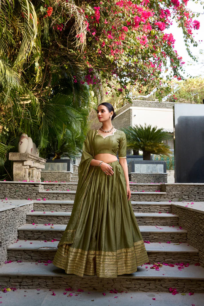 PURE CHANDERI ZARI WEAVING LEHENGA CHOLI WITH SEQUINS EMBROIDERED DUPATTA(WD95)